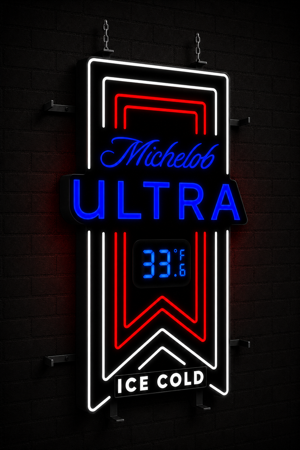 Custom illuminated Michelob Ultra sign on a dark brick wall